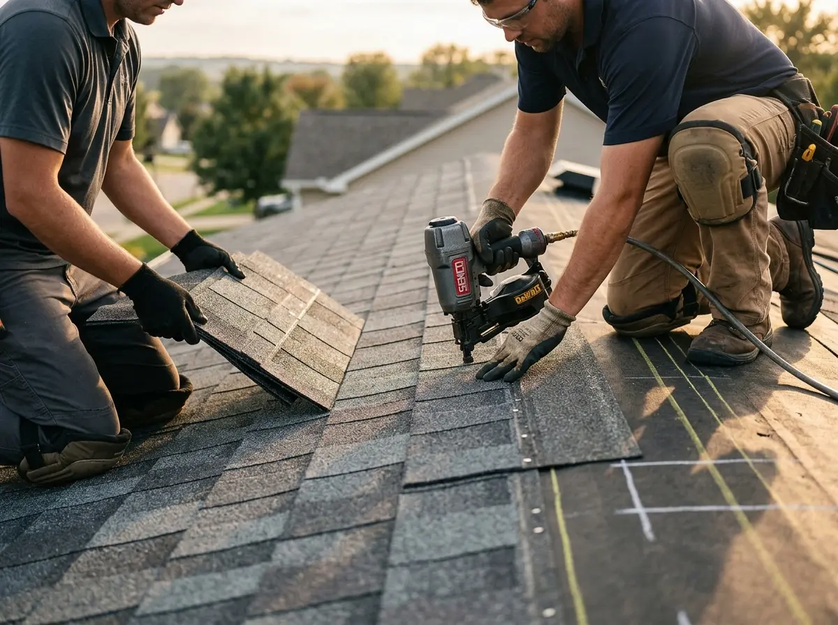Professional roofer working on a residential roof in Harwood Heights